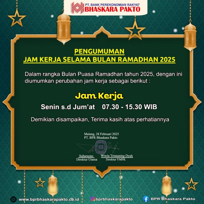 PENGUMUMAN  PERUBAHAN JAM KERJA SELAMA BULAN RAMADHAN TAHUN 2025